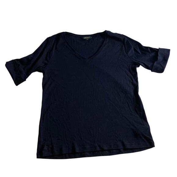 Classic Minimalist Navy Blue Cotton V-Neck Tee Lauren Ralph Lauren XL - Picture 2 of 7